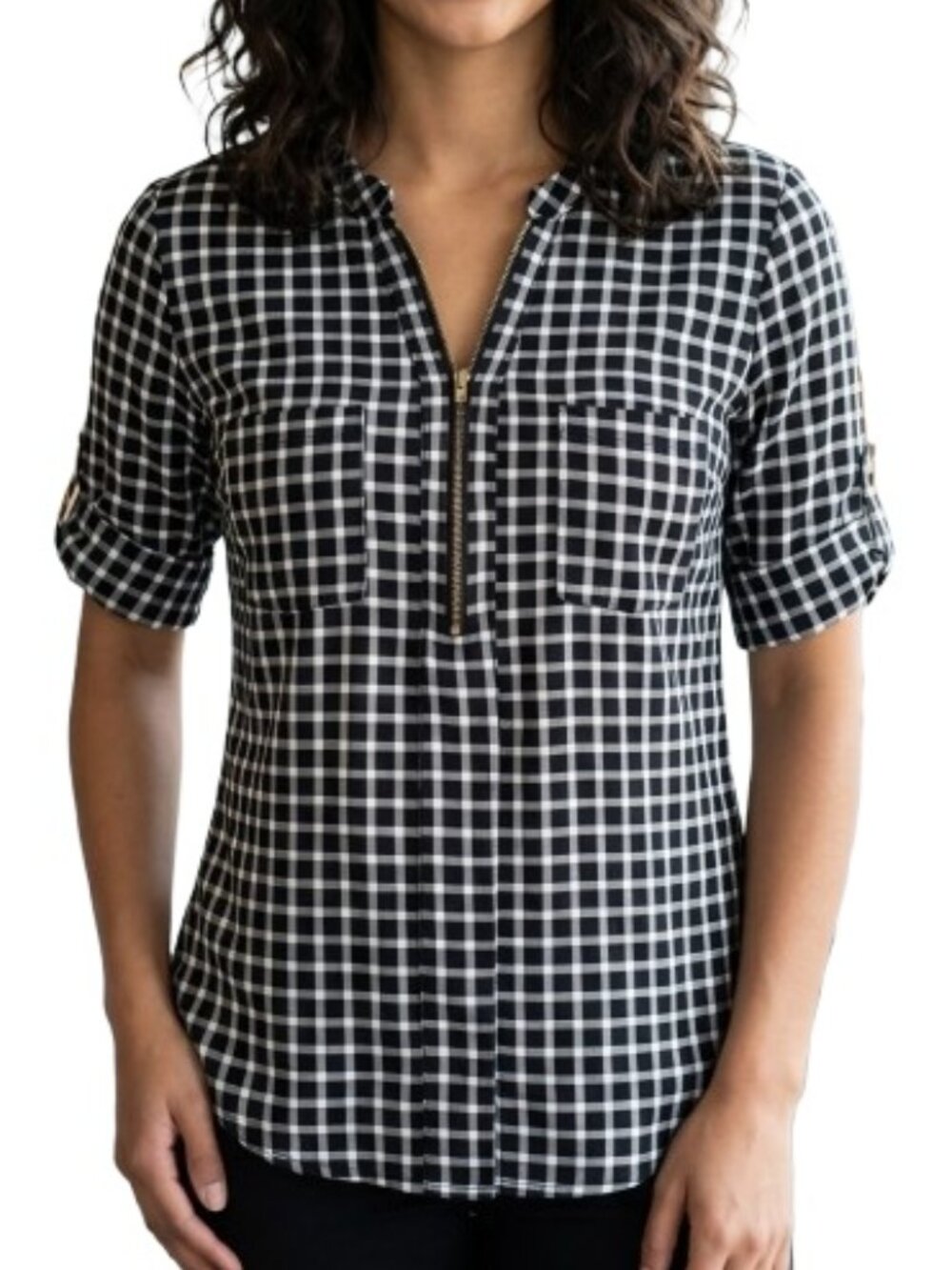 Always Indigo Black Windowpane Checkered Blouse Zip-Up Neck Elbow Sleeves